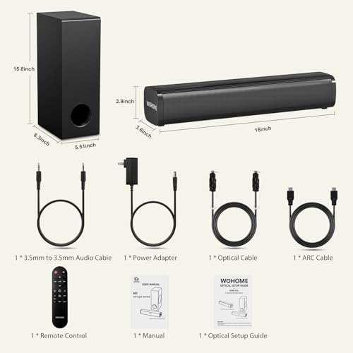 Sound Bar for Smart TV with Wired Subwoofers, 2.1 Channel Small TV Soundbar Speakers, Home Theater Surround Sound System, Bluetooth 5.3/ ARC/Optical/AUX Connectivity - color: Black