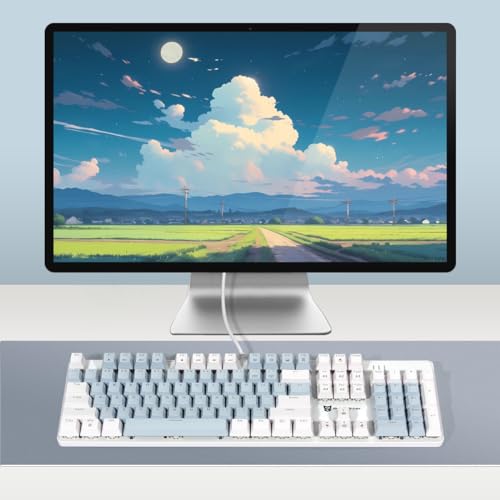 Merdia Full Size Wired Mechanical Gaming Keyboard | Blue Switch Led Backlit 104 Keys US Layout Mechanical Computer Keyboards | Hot Swappable Blue & White Keycaps Light Up PC Gaming Keyboard - color: Blue Switch Blue & White