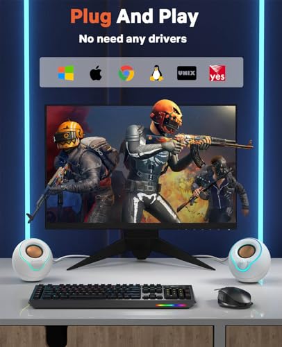 LENRUE Computer Speakers, PC Speakers with Colorful Lights Button, Volume Knob, 45 ° Tilt, Loud Sound, AUX and USB Powered for PC Desktop Monitor Laptop - color: pure white