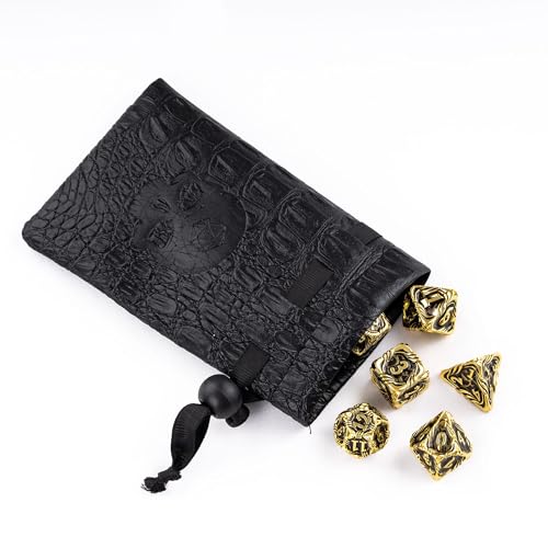 7-Die Metal DND Dice Set Role Playing Dice for RPG Table Games | Vine Design PU Leather Pouch for Dungeons and Dragons - color: Vine-gold Black