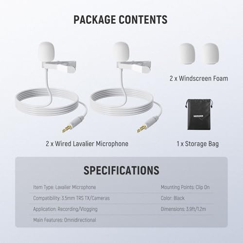 NEEWER 2 Pack Lavalier Lapel Microphone Compatible with Rode Wireless GO II 2 DJI Wireless Mic Transmitter, Omnidirectional Condenser Wired Clip On Lav Mic for Stage YouTube Live Streaming, CM5, White - style: CM5(2-Pack&White)w/3.5mm TRS Plug