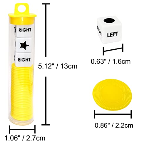 Ahoper Left Right Center Dice Game Prime Set Bundle with 3 Dices + 36 Chips. Round Tube Storage is Very Convenient for Travel. Easy to Store, Carry Around. (Yellow) - color: Yellow