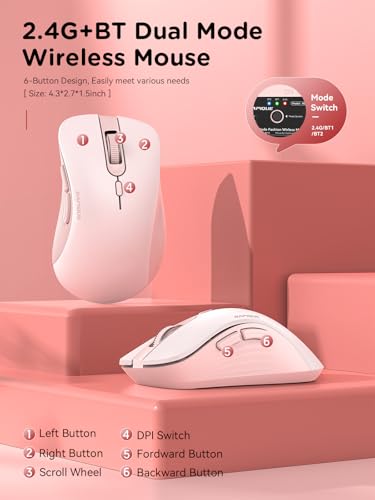 RAPIQUE Bluetooth Wireless Mouse - Dual Bluetooth & 2.4 GHz USB Receiver, Ergonomic Design, Quiet Clicks, Low Power - Multi-Device Compatibility for MacBook, Laptop, Computer, iPad Air/Pro (Pink) - color: Pink