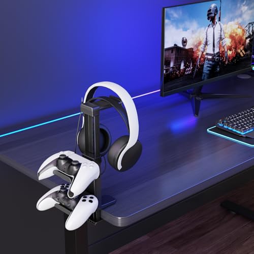 Headphone Stand & Under Desk Controller Holder with Adjustable Clamp, Controller Stand & Headset hanger for Desk Mount with 360° Rotating Hook & Cable Organizer 3-in-1 Game Organizer, Headphone Cases - size: 3 Hooks