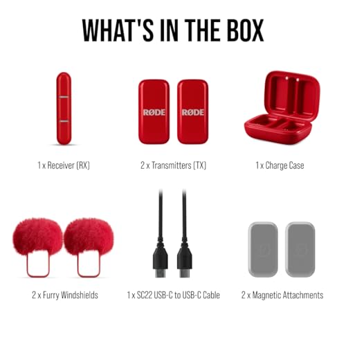 RØDE Wireless Micro - Compact Wireless Microphone, Two Mics with Charge Case for Smartphone Content Creation - USB-C, Red | Includes 2 Clip-on Transmitters Plus USB-C Receiver, Charging Case for Up to 21 Hrs Total, Omnidirectional Mics, 100m Range - color