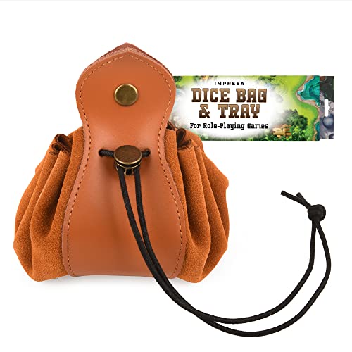 Impresa Dice Bag & Dice Rolling Tray - 10-Inch Brown Cowhide Leather - Leather Tray & Drawstring Bag