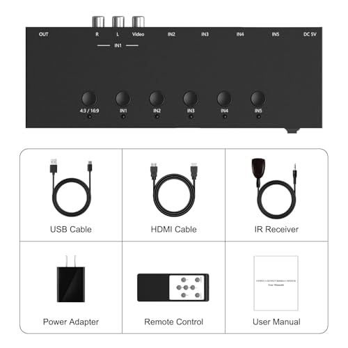 5 in to 1 Out RCA/HDMI Switcher,4 Way HDMI 2.0 + 1 RCA to HDMI Converter,4:3/16:9 Switcher Support 4K and 3D for PS1/2/3/4/5, SNES, Switch, DVD, Roku, Fire Stick,etc. - color: 5in to 1 Out RCA/HDMI Converter