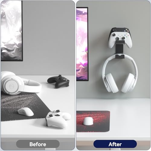 KDD Dual Controller & Headphone Holder Stand Wall Mount - Gaming Headset Hanger with Adhesive or Screws Install for Xbox Series X/S, PS5/4/3, Switch, STEAM, Universal PC Gamepad Accessories