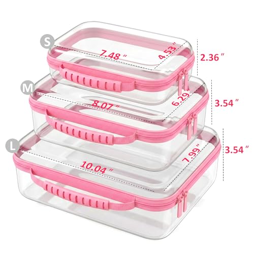Clear Hard Shell Organizer Cases, 3 Pack with Handle | Durable PET shell with water-resistant, scratch-resistant surface for travel, toiletries, electronics and toys - color: Pink1