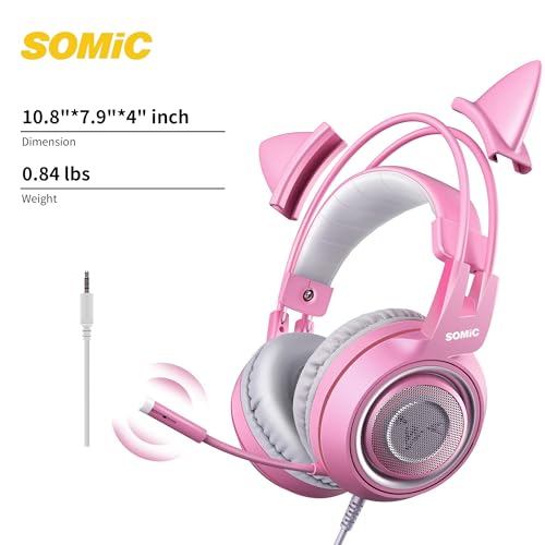 SOMIC G951s Pink Stereo Gaming Headset with Mic for PS4,Xbox,PC,Mobile Phone,3.5mm Noise Reduction Cat Ear Headphones Lightweight Over Ear Headphones for Woman - color: Pink