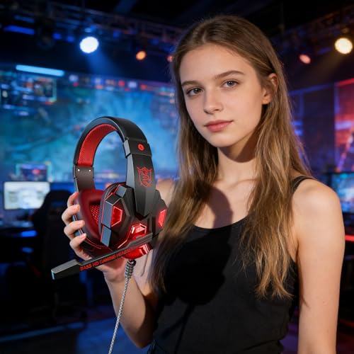 Stereo Gaming Headset for PS4 PC Xbox One PS5 Controller, Noise Cancelling Over Ear Headphones with Mic, LED Light, 7.1 Surround Sound, Soft Memory Earmuffs for Nintendo Xbox Series X|S-Black/Red - color: Black/Red
