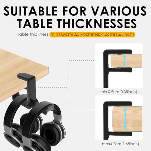 2 Pack Dual Headphone Hanger for Desk | Under Desk Hook, 360ยฐ Rotating, Clamp Mount, No Drill, Cable Clip