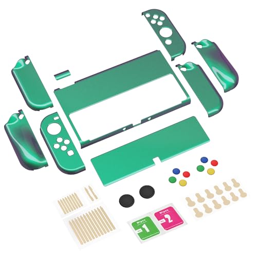 PlayVital AlterGrips Protective Slim Case for Nintendo Switch OLED, Ergonomic Grip Cover for Joycon, Dockable Hard Shell for Switch OLED w/Thumb Grip Caps & Button Caps - color: Glossy Chameleon Green Purple