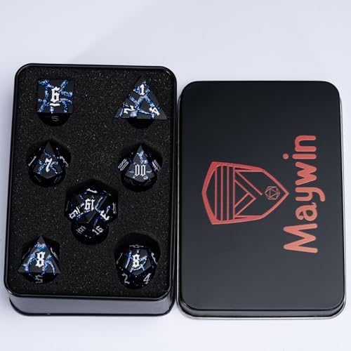 Cracked Rune Metal Dice Set for DND & RPG – Dark Fantasy Fractured Design, Premium Heavy Metal Polyhedral Dice with Deep Engraved Numbers, 7-Piece Set – Blue Arcane Vein - color: Matte Black Blue