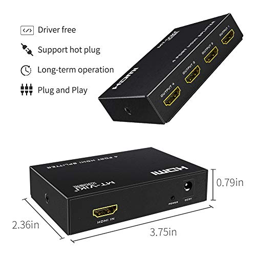 MT-ViKI HDMI Splitter 1 in 4 Out, 4K 30Hz Powered HDMI Distributor for 4 Monitors, Supports 3D & HDCP 1.4, Mirror Only, Compatible with Gaming Consoles with Power Adapter - size: 1x4 4K30