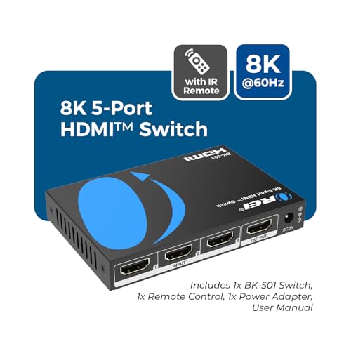OREI 8K HDMI 2.1 Switch, 5-Port 5-in 1-Out, 8K@60Hz, HDR, Auto Switcher | hdmi switch with remote, hdmi switcher 5x1, 48Gbps, 4K@120Hz, VRR, ALLM, QFT, CEC, PS5/Xbox Compatible - size: 5x1 8K HDMI Switch