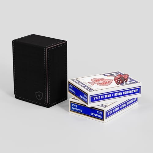 Double Decker Leather Poker Card Case - Holds Two Sets of Poker Size Cards - Premium Dual-Deck Holder with Stylish Design and Secure Closure (Black-Grey) - color: Black-Grey