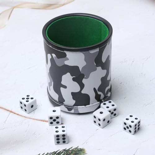 PU Leather Dice Cup Set, Felt Lined Camouflage Dice Shaker with 6 Dice for Liars Farkle Yahtzee Game - color: Camo Grey