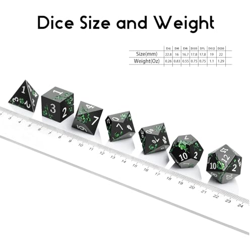 Glitter Green DND Metal Dice, DNDND 7 PCS Flower Metallic DND Dice Set with Gorgeous Gift Case for Dungeons and Dragon Tabletop Game (Matte Black with Glitter Green Flower) - color: Flower Glitter Green
