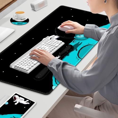 Gaming Mouse Pad, Large Desk Mat, Cute Desk Pad Protector, 4in1 XXL Mousepad + Keyboard Wrist Rest+Mouse Wrist Rest+Coaster Set with Ergonomic Desk Pad for Home Office PC Computer, Cool Space Alien - color: Cool Space Alien