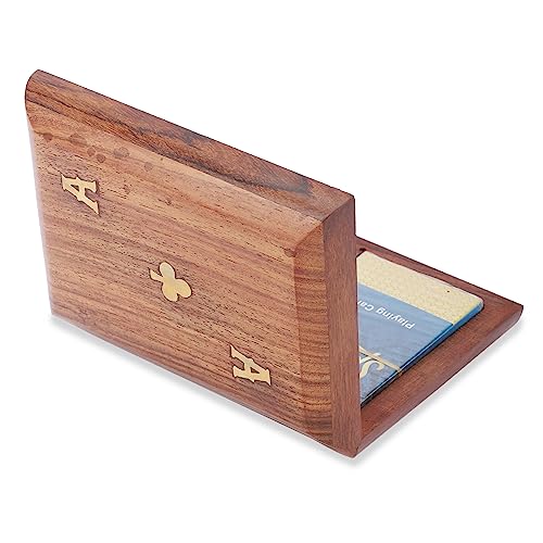 Ajuny Wooden Playing Card Box 15x12 cm, Double Deck Organizer with 2 Sets | Handcrafted Brass Inlay Club Design Elegant Twin Card Collector Decorative Storage Case Organiser Housewarming Gift 15 x 12cm