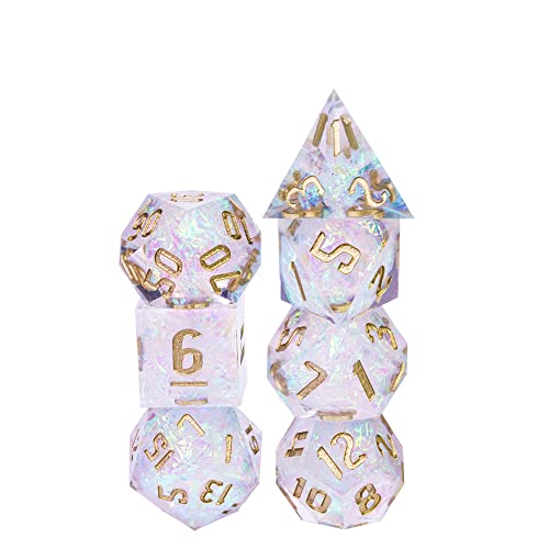 Cusdie Sharp Edges DND Dice, 7 PCs D&D Dice, Handcrafted Polyhedral Dice Set, for Dungeons and Dragon Role Playing Game(Transparent w/White Sparkle) - color: Transparent W/White Sparkle