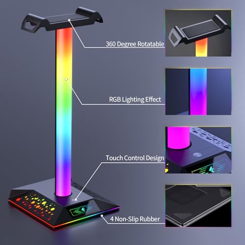 Gaming Headset Stand, RGB Headphone Holder with 2 USB Ports for Desk | RGB lighting effects, 2 USB charging ports, sturdy non-slip base. Perfect for gaming desk, office, gift for gamers.