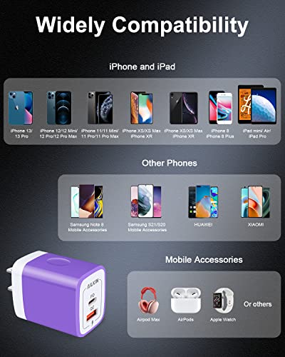 USB C Wall Charger, 20W PD + QC3.0 USBC Charger Block Super Fast Power Adapter - color: Purple