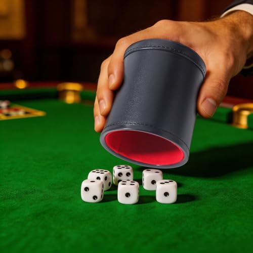 Felt Lined PU Leather Dice Cup Set with 6 Dot Dices (Black, Pack of 1) - color: Black