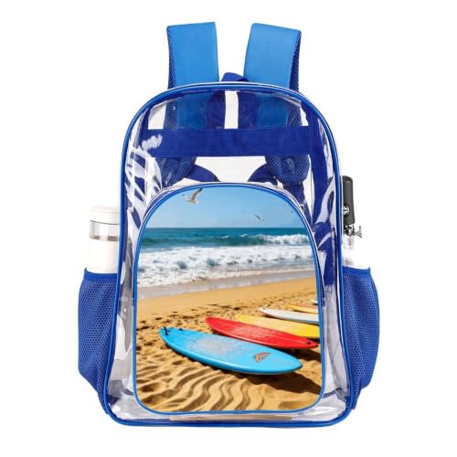 16" Clear Backpack Waterproof Stadium Bag for Security | Beach Surfboard, Transparent Backpack Stadium Events, Heavy Duty Bookbag, See Through Bag for Sports Festivals Travel - color: Blue