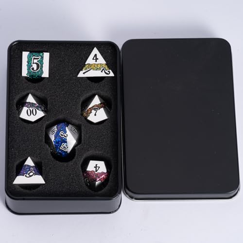 Polyhedral Metal Dice Set,7pcs Set Glitter Stripe DND Dice with Gift Box for RPG - color: Pearl Silver Seven Colors