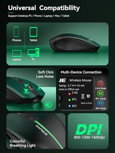 RAPIQUE Bluetooth Wireless Mouse, Bluetooth 5.1 & 2.4G, Green-to-Black | USB-C Rechargeable, Silent Click, 3-Device Switching, Ergonomic 6-Button for Windows/macOS/Android/iOS/Laptop/MacBook - color: Green Gradient