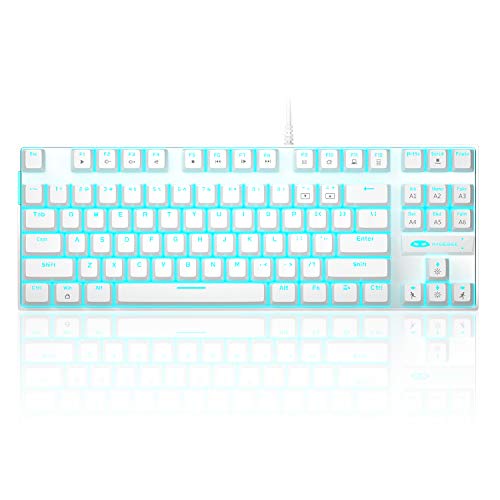 MageGee Mechanical Gaming Keyboard with Blue Switch, Compact 87 Keys Wired Computer Keyboard for Windows Laptop PC Gamer, LED Ice Blue Backlit, White - color: White/Blue Switch