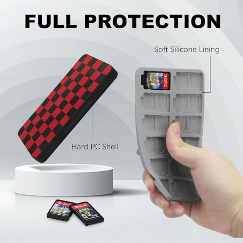 FYY Nintendo Switch Game Case Holder for Switch 2 Cartridge, Red Checkered | 24 Game Card Slots & 48 Micro SD Card Slots, Hard Shell, Silicone Lining - color: D-Checkered Red Black