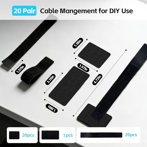 20 Pack Under Desk Cable Management Clips | Adjustable Hook-and-Loop Wire Holders for Home Office PC Gaming Setup