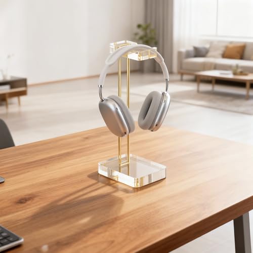 Headphone Stand Headset Holder for Desk, Solid Christal-Clear Acrylic with Gold Hardware Earphone Hanger for Gaming Room Office Accessories - color: Gold