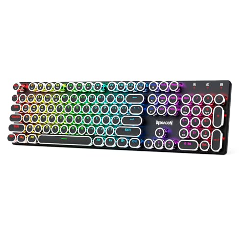 Redragon K710 Wireless Typewriter Style Mechanical Gaming Keyboard, Black | Bluetooth/2.4Ghz/Wired Tri-mode, RGB Backlit, Rechargeable Battery, Clicky Blue Switch, Solid Metal Panel, Round Keycaps