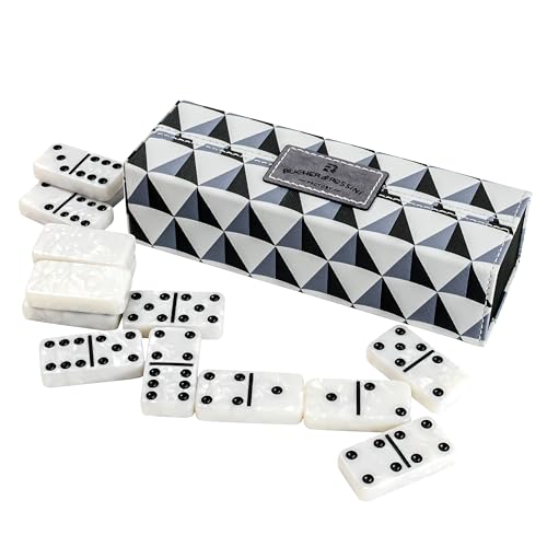 Dominos Set for Adults, Double 6 Domino Set, 28 Jumbo Marbleized White Tiles, Dominoes Set for Adults and Kids - Classic Board Games for Family & Travel (in Rhomb Pattern Leather Case) - color: White