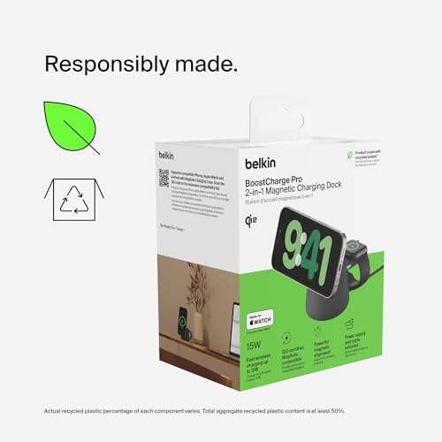 Belkin Qi2 15W Wireless Charging Dock, 2 in 1 Fast iPhone Charger | iPhone 17/16/15/14/13, AirPods, Qi2-enabled devices compatible, power adapter included, desk dock - color: Black, style: Latest Gen