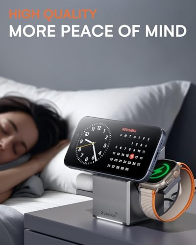 ZEEHOO 3 in 1 Charging Station for Apple, Mag-Safe for iPhone Charger, Qi2 Certified Rotating Wireless Charger Stand for iPhone 17,16,15,14,13,12 Series, Apple Watch, AirPods (USB-C Charger Included) - color: Metal Gray