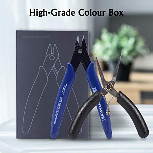 Microworld 3D Metal Model Tools, 2Pcs/Set Mini Flat Nose Plier Nipper Tool with Comfort Grip Handle, Professional for DIY 3D Metal Puzzle Model Kit Jigsaw Assembling