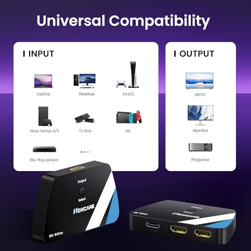 NEWCARE HDMI 2.1 Switch 2 in 1 Out with 2.6ft 8K Cable, HDMI Switcher 4K@120Hz, Bi-Directional HDMI Splitter Supports 8K@60Hz HDR10+ 3D Dolby VRR HDCP2.3 for TV PS5 Xbox Laptop Projector