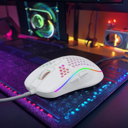 DC G40U Wired Gaming Mouse, RGB Honeycomb Ergonomic Design, 4 DPI Levels (1200/2400/4800/7200), Optical Sensor, Plug and Play, Compatible with PC, Mac, Tablet (White) - color: White