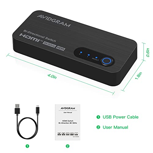 HDMI Switch 8k@60hz Splitter, AVIDGRAM Bidirectional HDMI Switcher 2 in 1 Out, Splitter 1 in 2 Out, Support 4K@120hz, Compatible with PS5, XSX, UHD TV, Monitor, Projector (1 Display at a time) - size: 8K 60Hz Bi-Directional HDMI Switch/Splitter