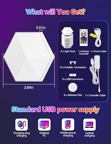 TECKNET Hexagon Light Panel - 8 Pack Smart APP RGB Hexagon LED Lights Wall Lights with Remote Control & Music Sync for Halloween Decor, Gaming Decor