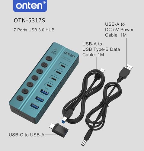 Onten 7-PortUSB 3.0 USB-C Hub, 5Gbps High - Speed Data Transfer, Independent Switches, Wide Compatibility for Laptop, Pad, Phone, Game Console