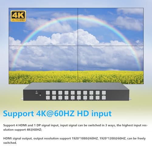 ICUIXIAN 4x4 Seamless HDMI Matrix Switch Video Wall Controller 2x2 4K | HDMI2.0, HDCP2.2,18Gbps, Rs-232, Multi-View Display 4x4 HDMI matrix video wall controller 4 input 4 output seamless switching - size: 4x4 matrix video wall