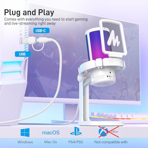 MAONO USB Gaming Microphone with Boom Arm Microphone Stand: Noise Cancellation Condenser Mic Kit with RGB Lights,for Streaming Recording Podcast Chat Twitch YouTube Discord DGM20+BA20 White