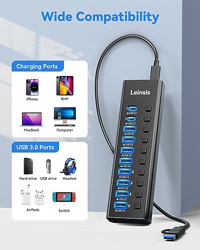 Powered USB Hub 3.2, LEINSIS 10-Port USB 3.2/USB C Hub (10Gbps USB-A 3.2 +2 USB-C 3.2 +7 USB 3.0 Ports) with Individual On/Off Switches and 12V Power Adapter, Aluminum USB Hub Powered for Laptop PC - size: 10-Port USB 3.2 Hub