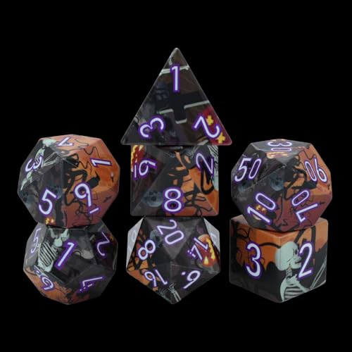 7-Piece Resin Polyhedral Dice Set with Skull, Pumpkin, Bat, and Twig Prints for Halloween and Year-Round Tabletop RPG Gaming(Skulls) - style: Skulls